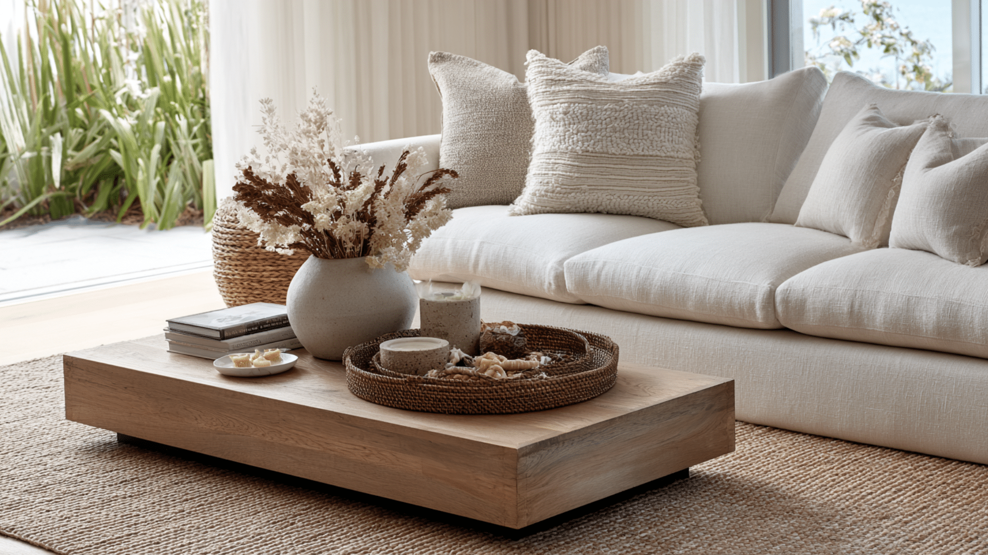 light beige sectional sofa with textured pillows wooden coffee table decor tray dried flowers and cozy sunlit indoor seating area