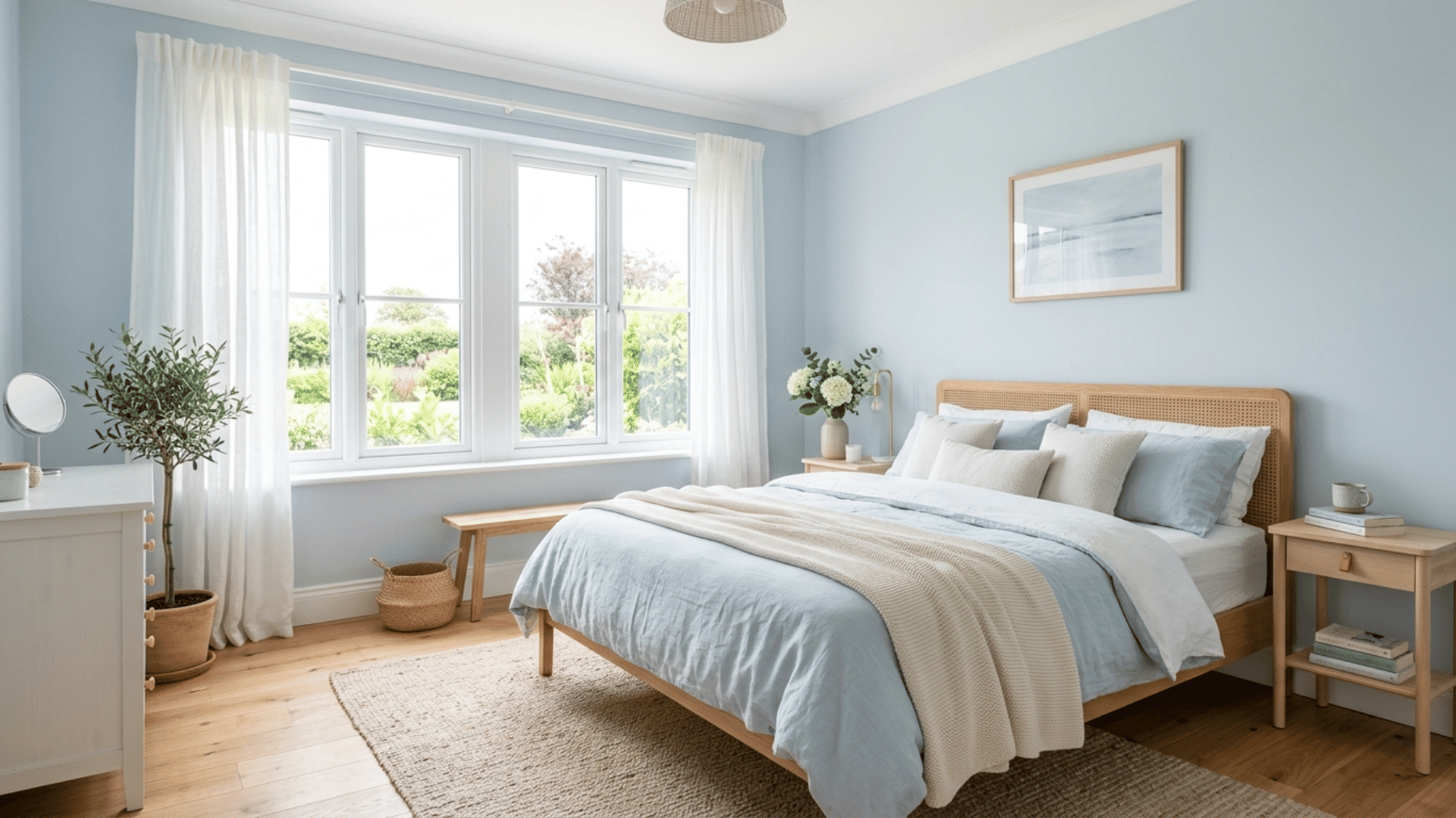 light blue bedroom with large windows, airy curtains, soft textiles, and natural light creating a fresh calming space