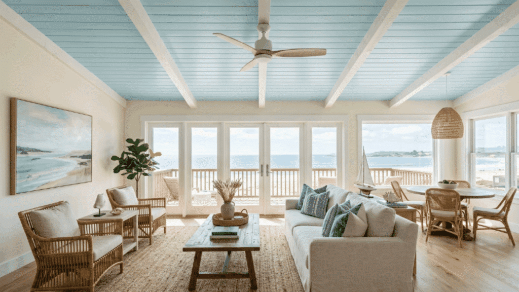 light blue shiplap creates a breezy coastal mood, reflecting daylight and helping the room feel open and relaxed