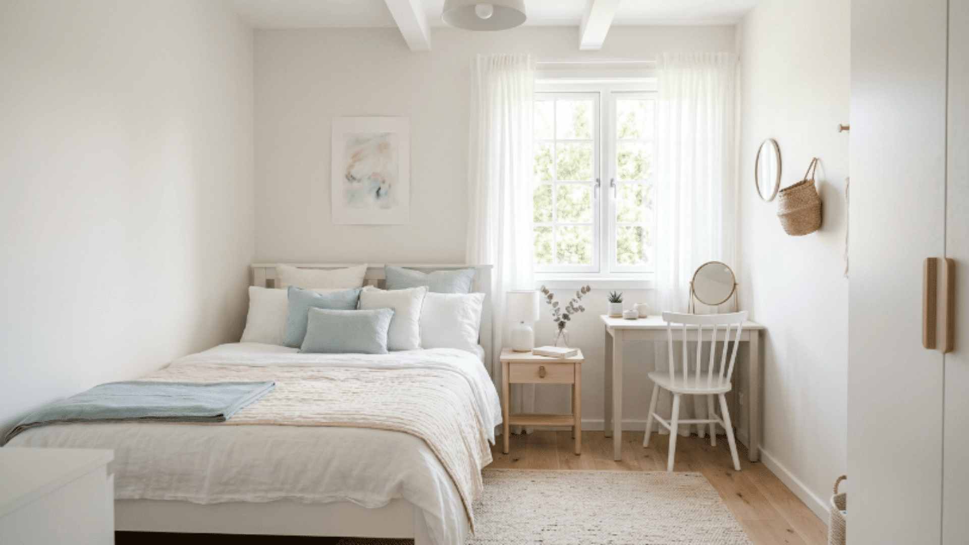 light colored bedroom with white and beige tones, airy feel, soft natural light and minimal modern decor