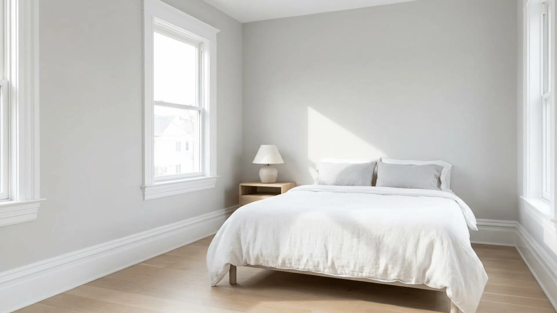 light gray bedroom with clean design, white bedding, and bright open space.