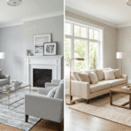 light gray vs greige living room side by side comparison showing cool toned and warm toned neutral paint on walls