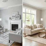 light gray vs greige living room side by side comparison showing cool toned and warm toned neutral paint on walls