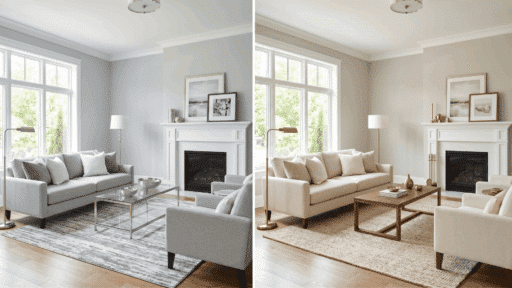 light gray vs greige living room side by side comparison showing cool toned and warm toned neutral paint on walls