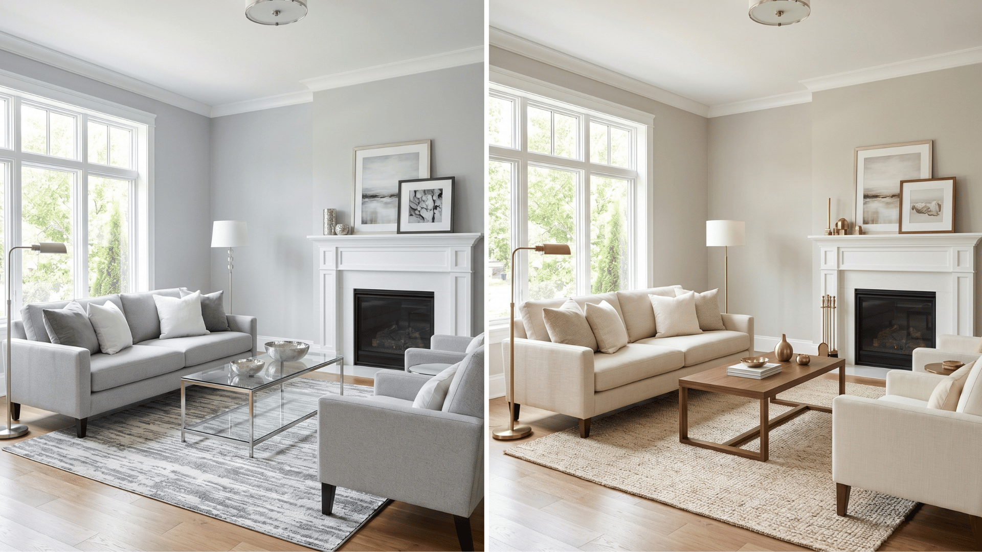 light gray vs greige living room side by side comparison showing cool toned and warm toned neutral paint on walls