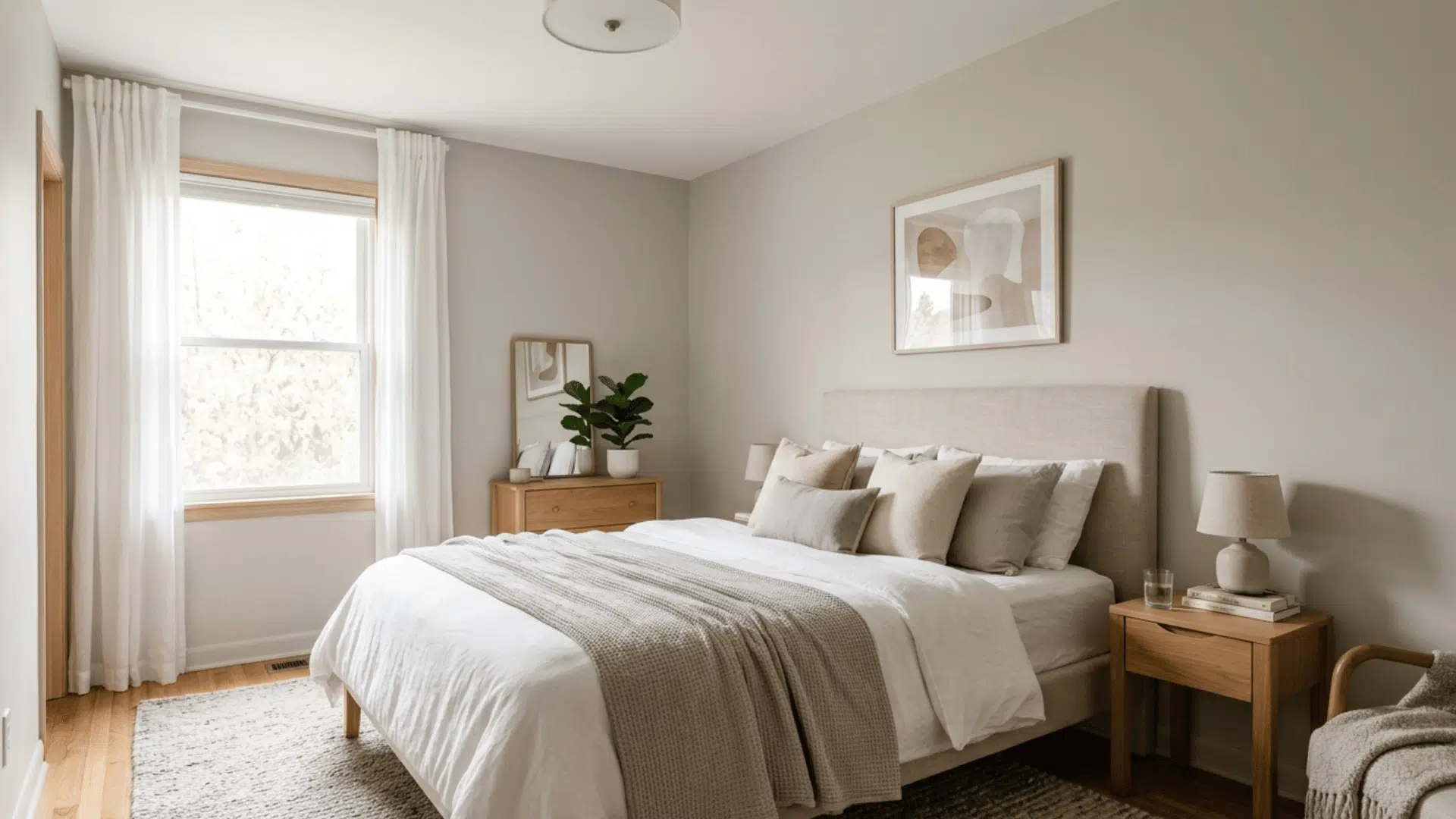 light greige bedroom with soft neutral tones, natural light, and clean spacious design