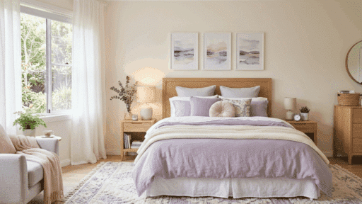 light neutral bedroom with soft tones, natural light, and cozy open spacious feel.