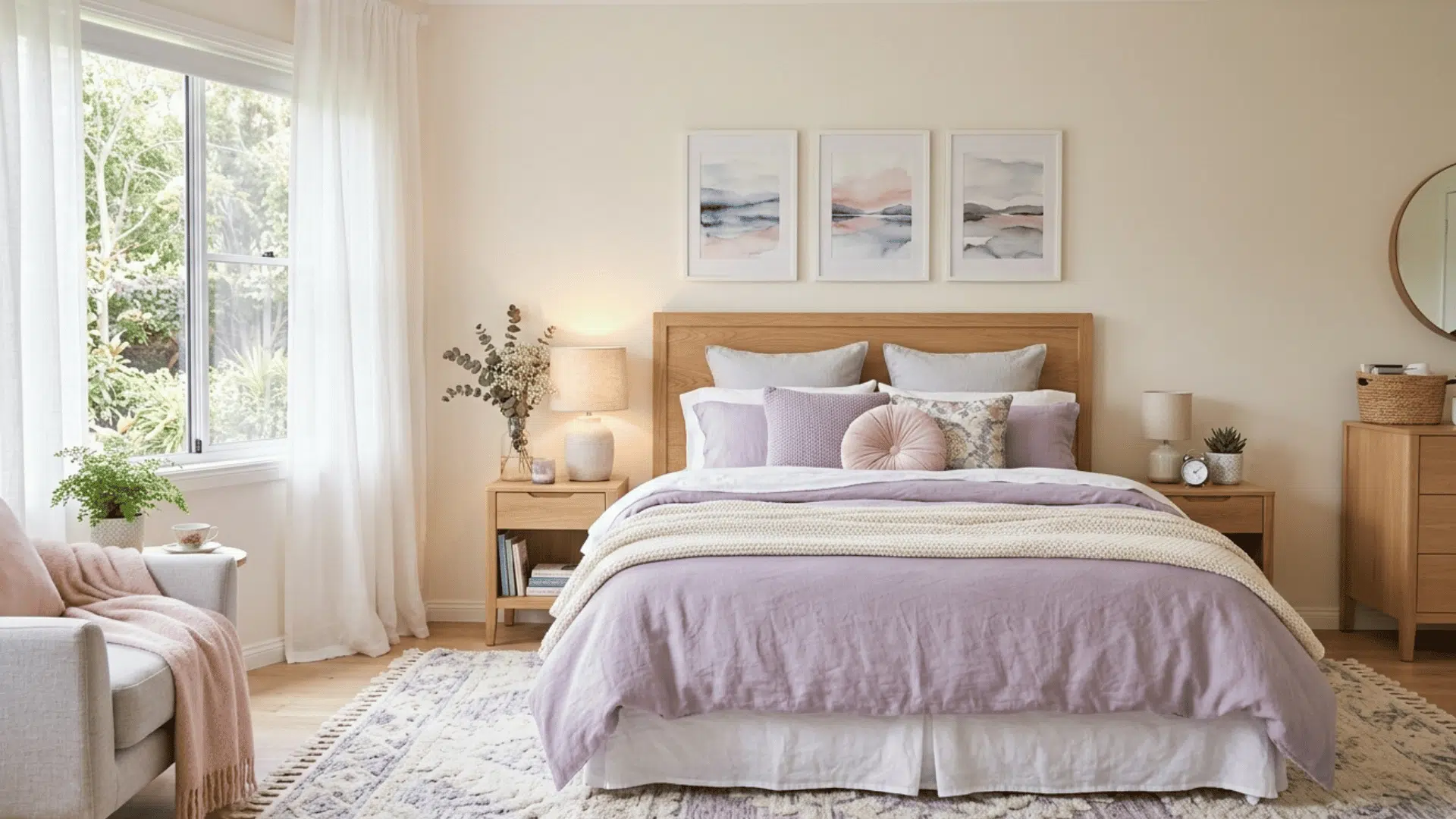 light neutral bedroom with soft tones, natural light, and cozy open spacious feel.