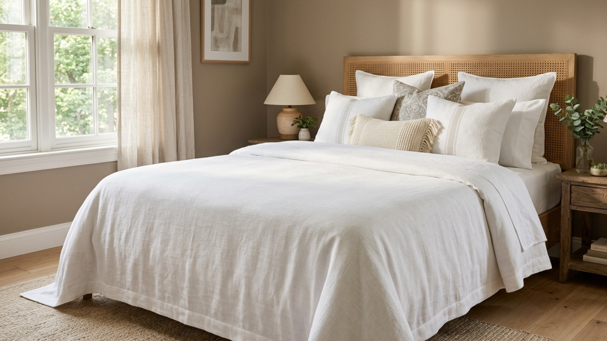 light neutral bedspread neatly styled on a modern bed with layered pillows in a sunlit bedroom