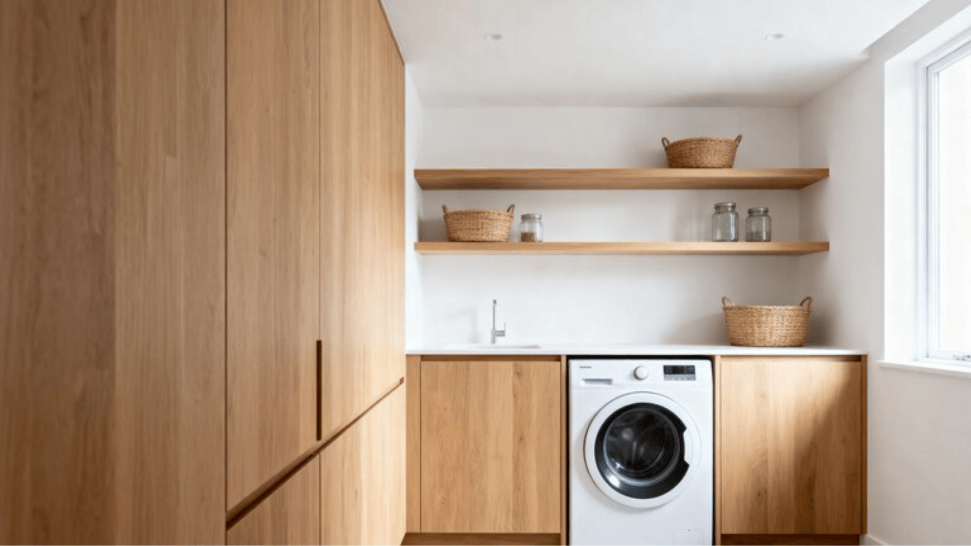 light oak and white laundry room with open shelves, baskets, washer, and a bright modern design