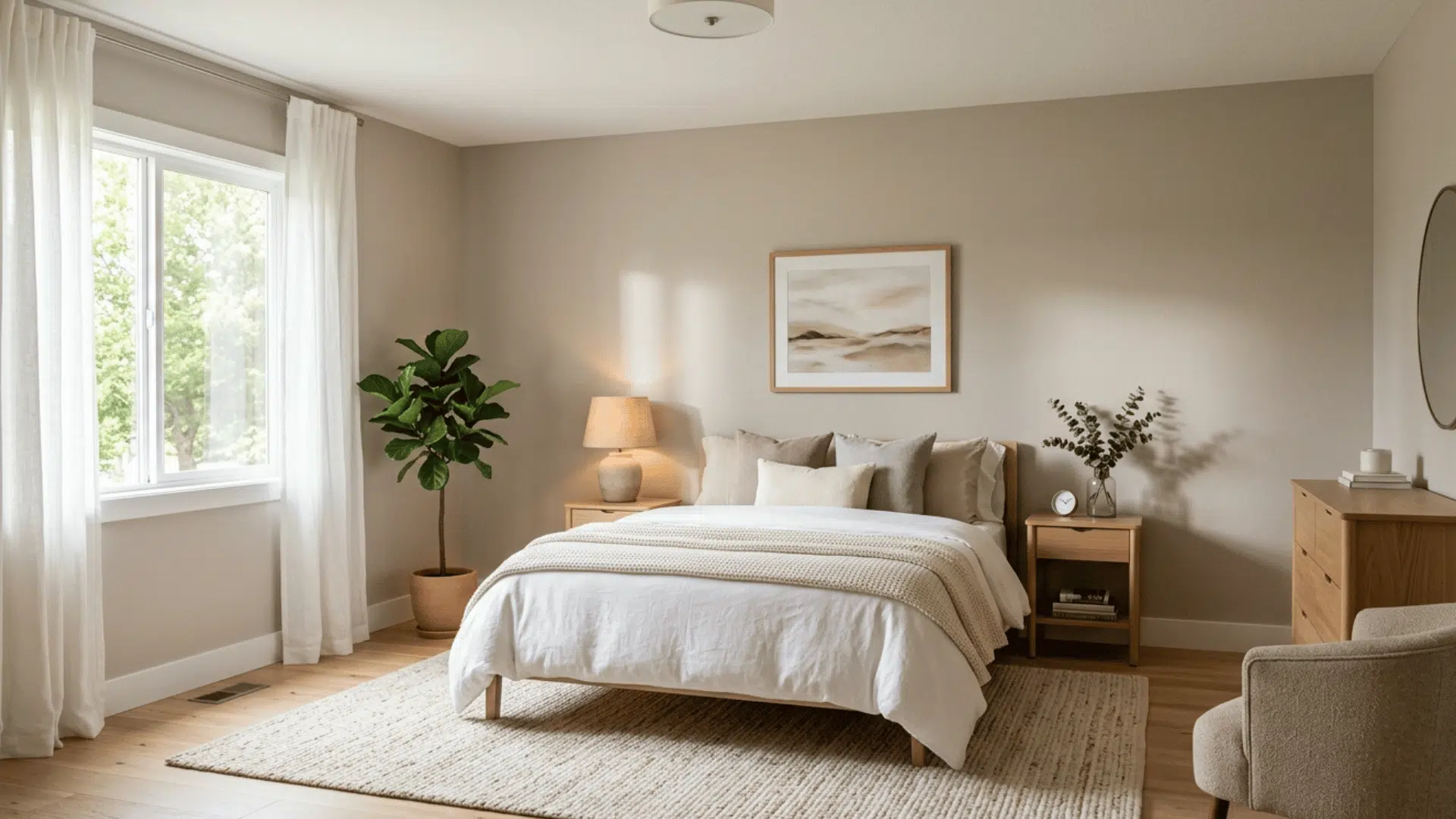 light taupe bedroom with neutral tones, cozy decor, and balanced spacious feel.