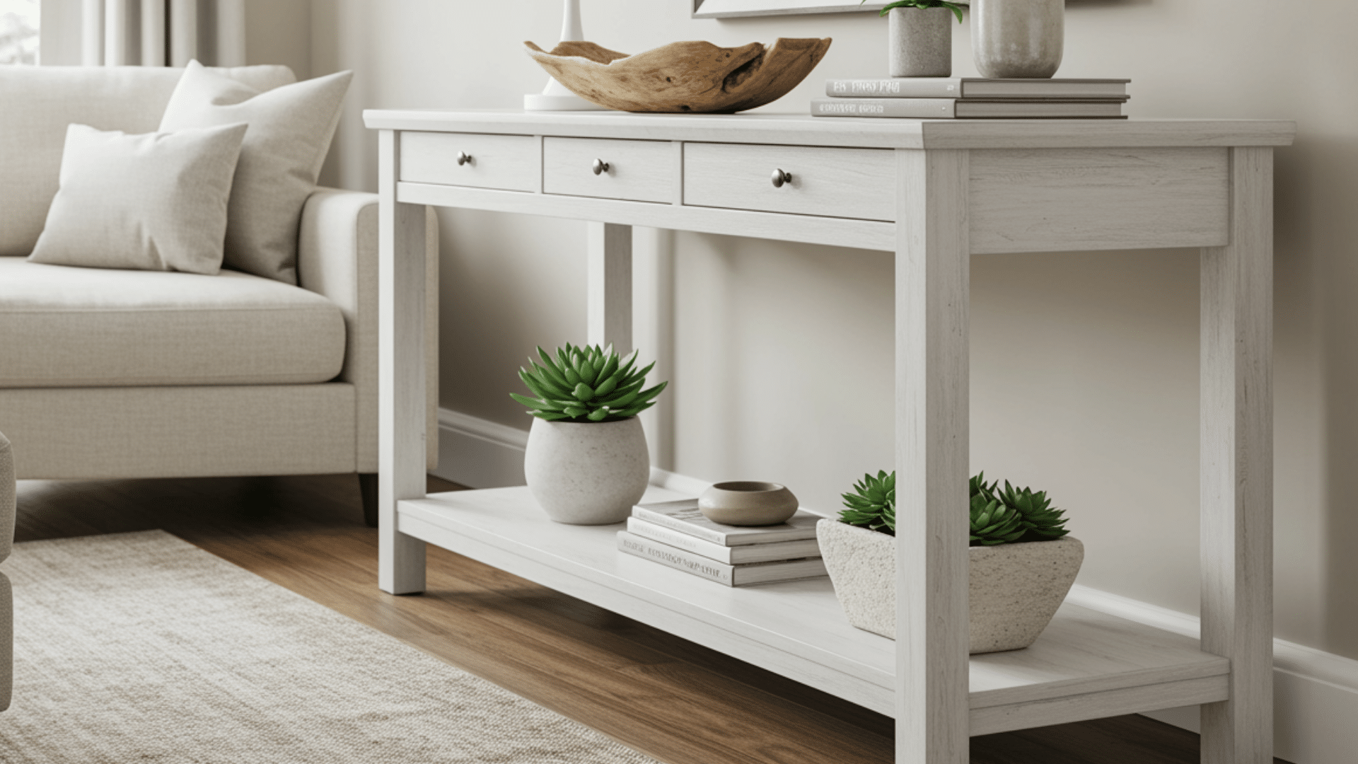 light wood console table with drawers and lower shelf styled with books bowls and small plants beside a neutral sofa in bright room