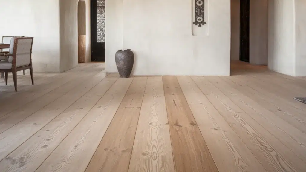 light wood plank flooring in stucco interior with arched doorways and exposed ceiling beams