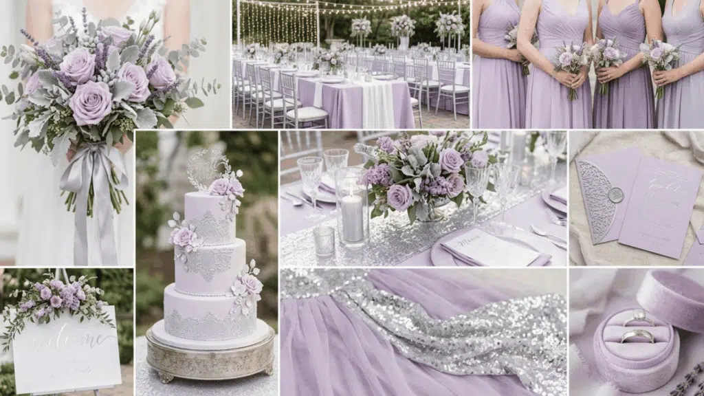lilac and silver wedding color scheme collage with soft florals candles and table styling