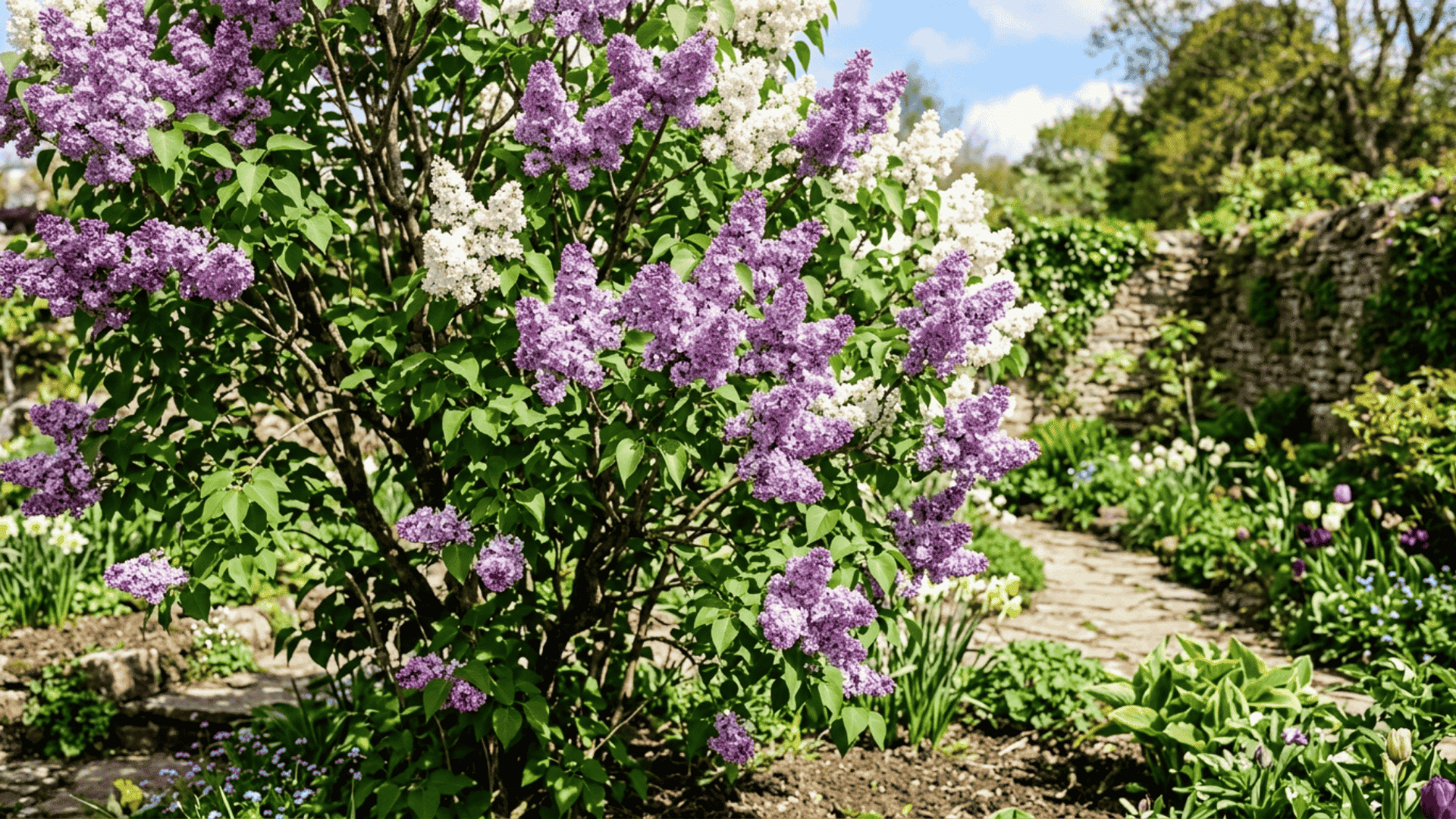 lilac shrub with clusters of purple and white fragrant flowers blooming on upright branches in a sunny spring garden