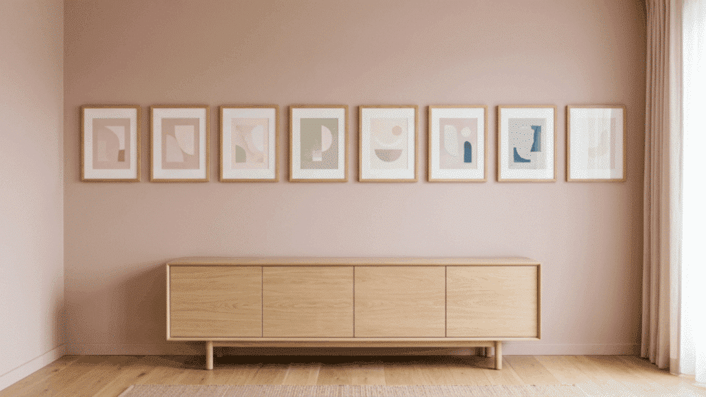 linear arrangement of picture frames aligned in a straight horizontal line on a simple pastel wall