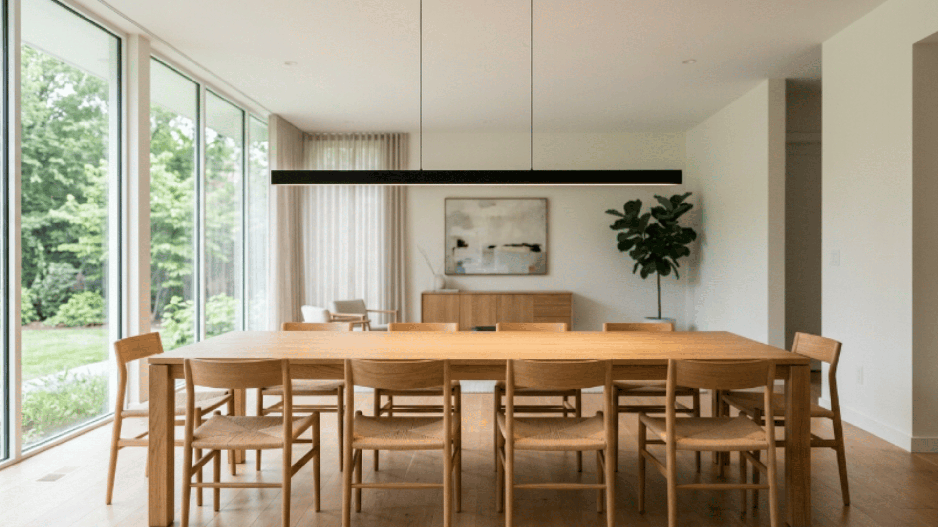 linear suspension light bar above empty dining table with even lighting in a modern dining room