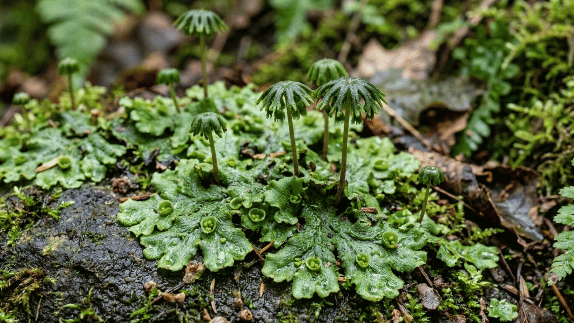 liverwort plants with umbrella-like structures on forest floor.