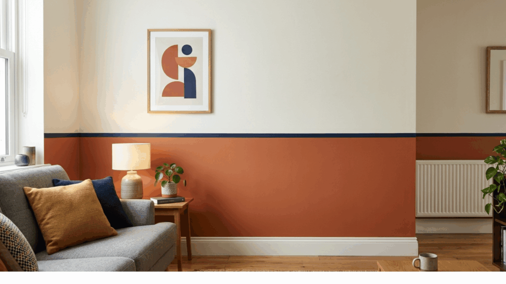 living room wall divided into two colors with a thin painted stripe border creating a clean and polished finish