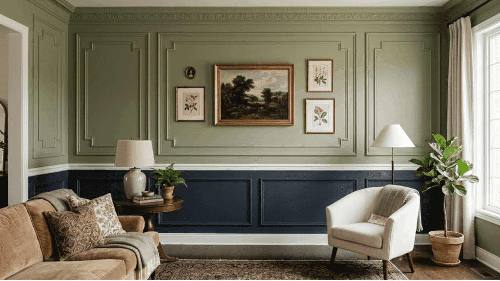 living room wall with decorative panel molding painted in two contrasting colors for a formal and structured finish