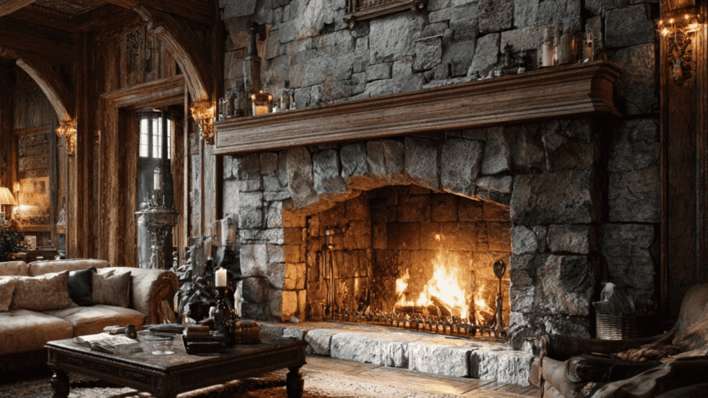 living room with large stone fireplace and wooden mantle in tudor style home