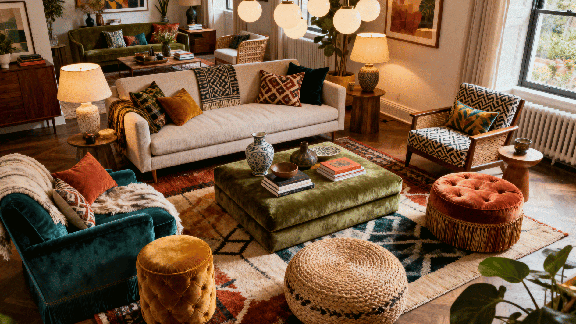 living room with layered seating arrangement, mix of sofa, accent chairs, ottomans and poufs, cozy and eclectic layout