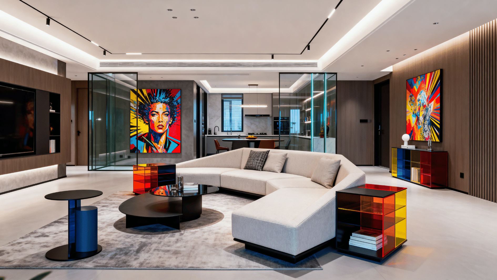 living room with non-traditional furniture layout, angled sofa, asymmetrical arrangement, modern dynamic space design
