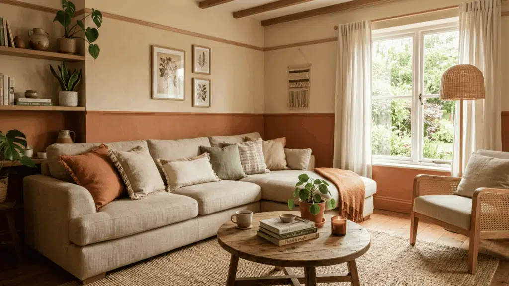 living room with terracotta lower wall and warm sand upper wall styled with linen cushions and natural fiber rugs