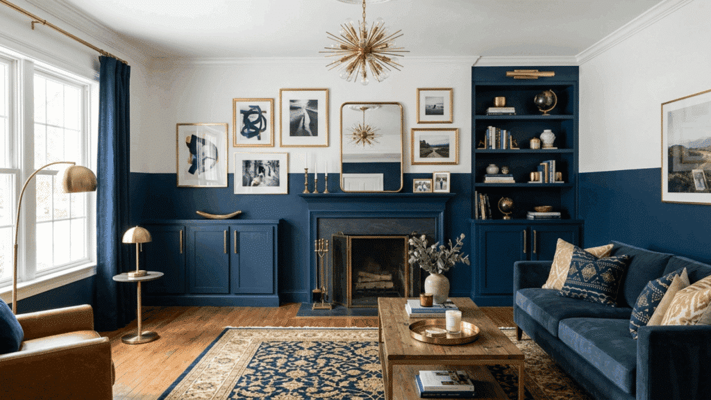 living room with white upper wall and navy lower wall styled with brass hardware accents and light wood furniture