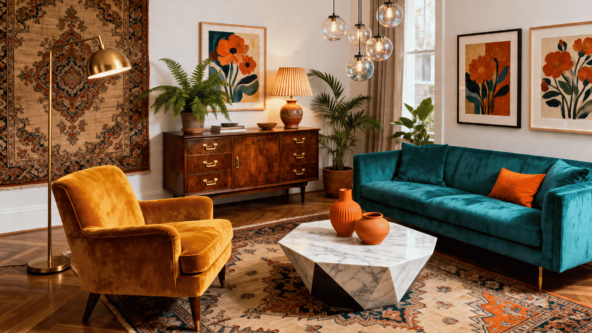 living space combining vintage and modern furniture, curated decor, warm lighting, timeless and contemporary blend
