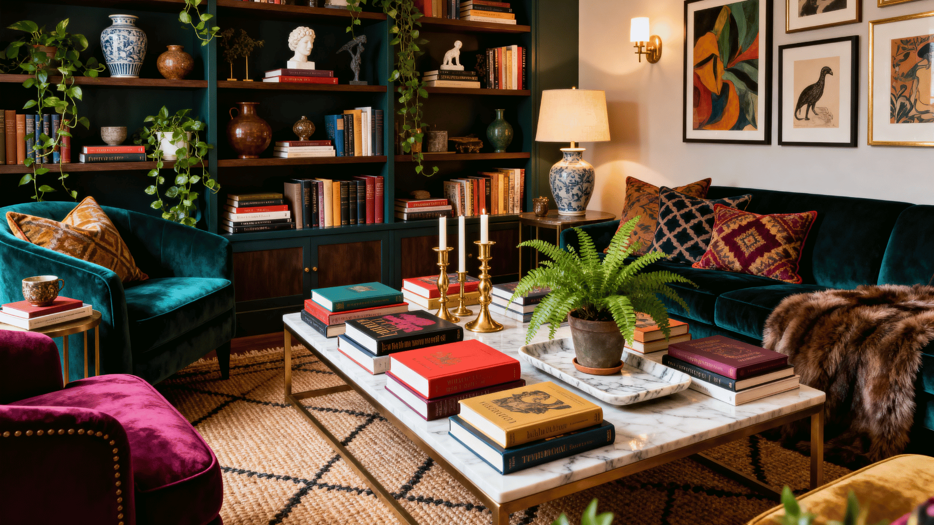 living space with stacked books and decorative objects, styled coffee table and shelves, cozy intellectual vibe