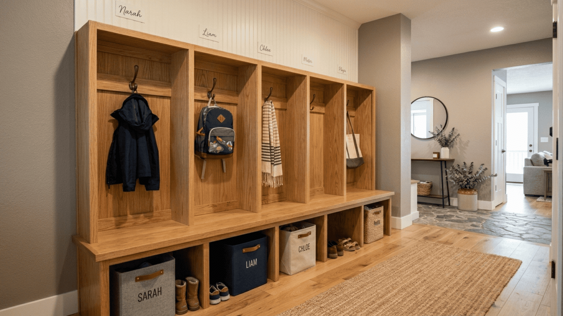 locker style family bench with individual sections each showing a hook cubby and labeled storage bin in a wide entryway