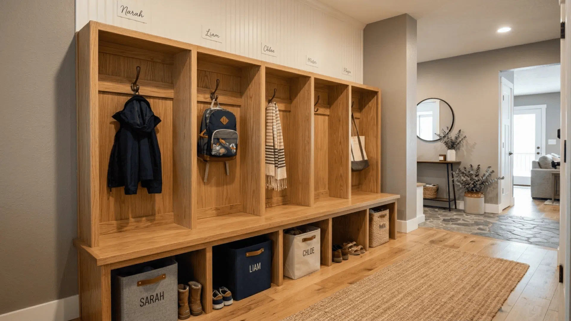 locker style family bench with individual sections each showing a hook cubby and labeled storage bin in a wide entryway
