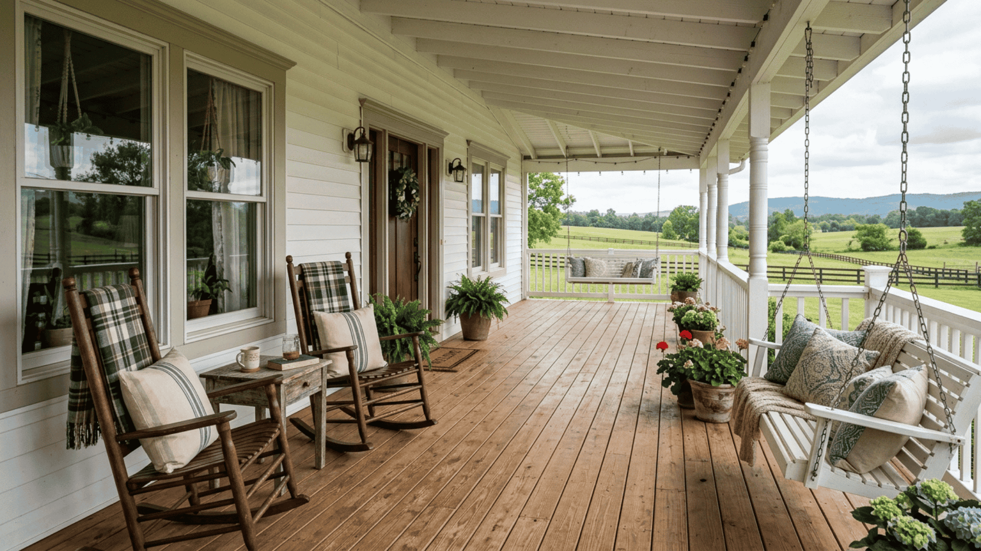 long covered farmhouse porch with rocking chairs at one end and a porch swing at the other end