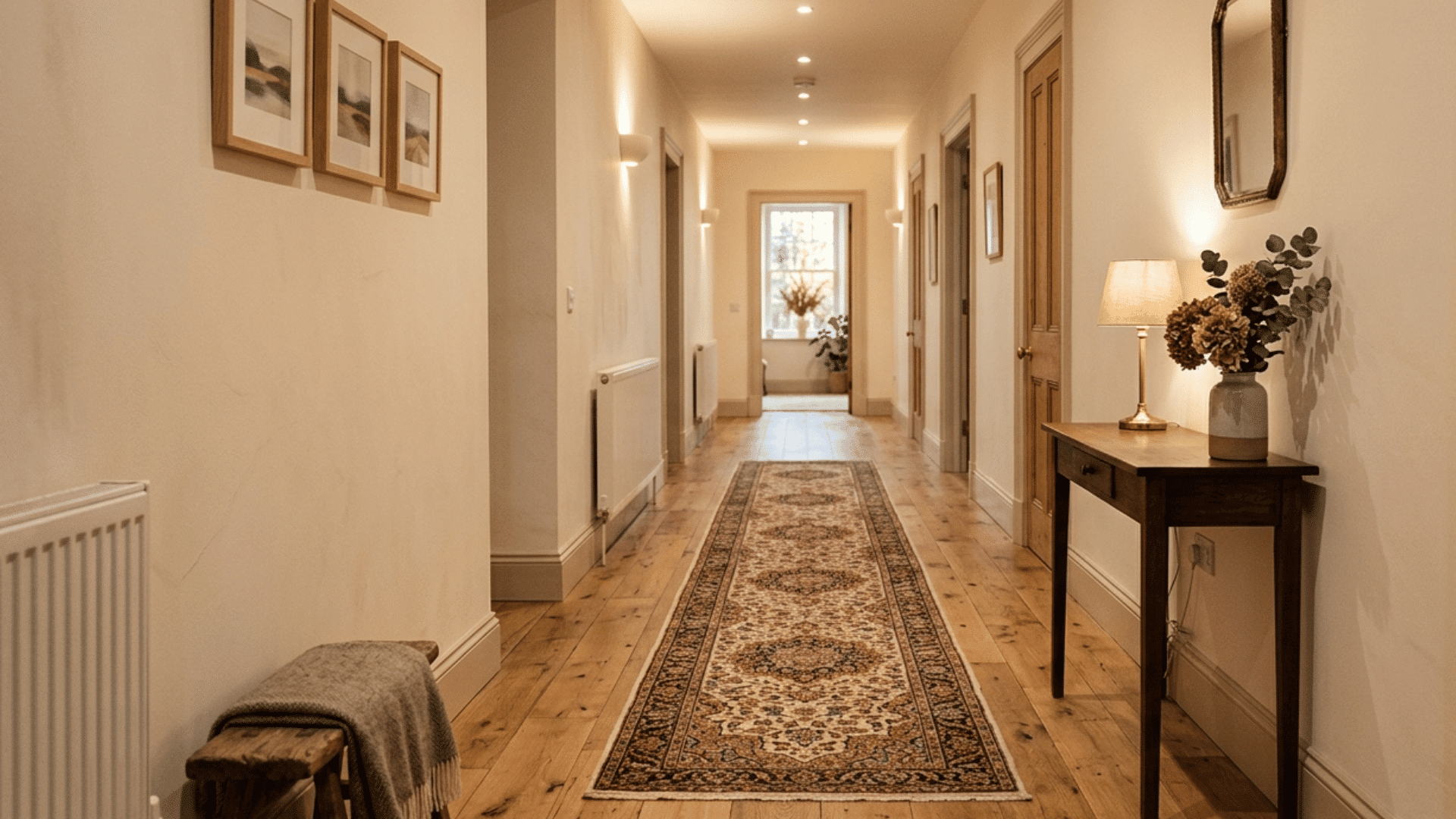 Long hallway with runner rug adding warmth, texture, and visual interest to the space