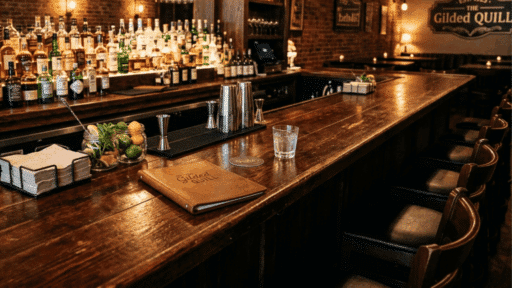 long wooden bar counter with stools, drinks setup, and dim ambient lighting.
