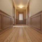 long wooden hallway with paneled walls wainscoting, hardwood floor, ceiling light, and door at the end in warm neutral tones