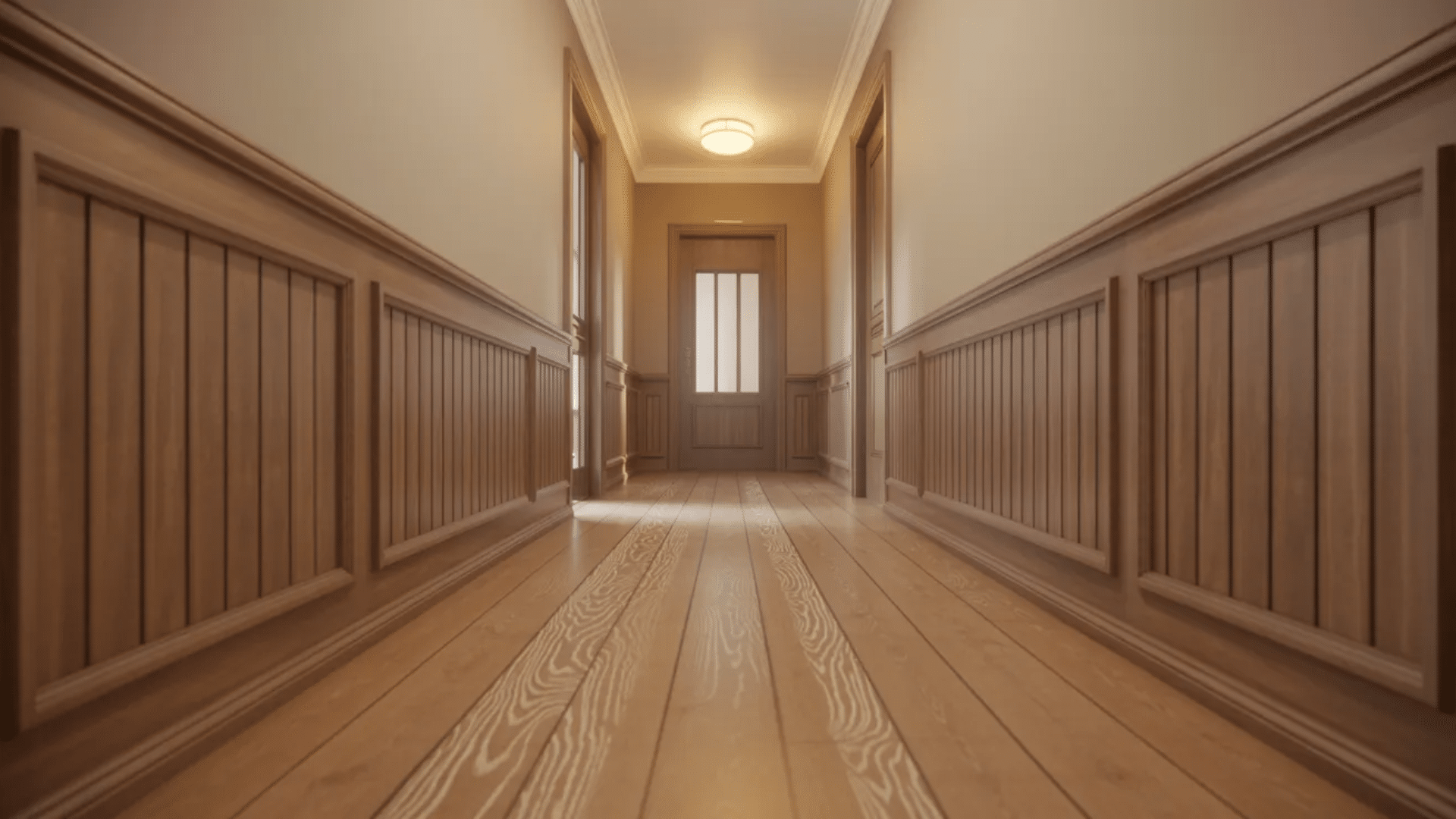 long wooden hallway with paneled walls wainscoting, hardwood floor, ceiling light, and door at the end in warm neutral tones