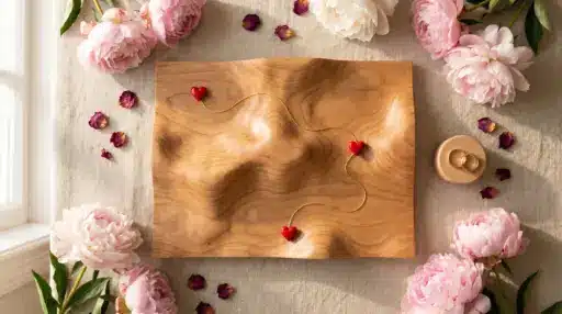 Wooden mountain sculpture with red heart decoration surrounded by pink peonies and gold rings on linen cloth