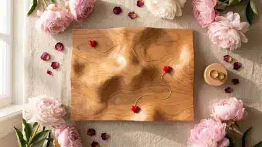 Wooden mountain sculpture with red heart decoration surrounded by pink peonies and gold rings on linen cloth