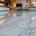 low-angle view of a modern living room with glossy marble flooring reflecting warm lighting, featuring a contemporary sofa, built-in shelving, and large glass doors