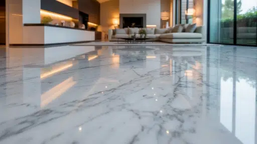 low-angle view of a modern living room with glossy marble flooring reflecting warm lighting, featuring a contemporary sofa, built-in shelving, and large glass doors