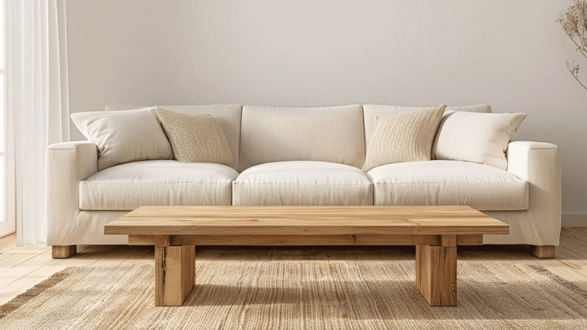 low coffee table placed in front of sofa in living room, empty surface, wide view, clean layout