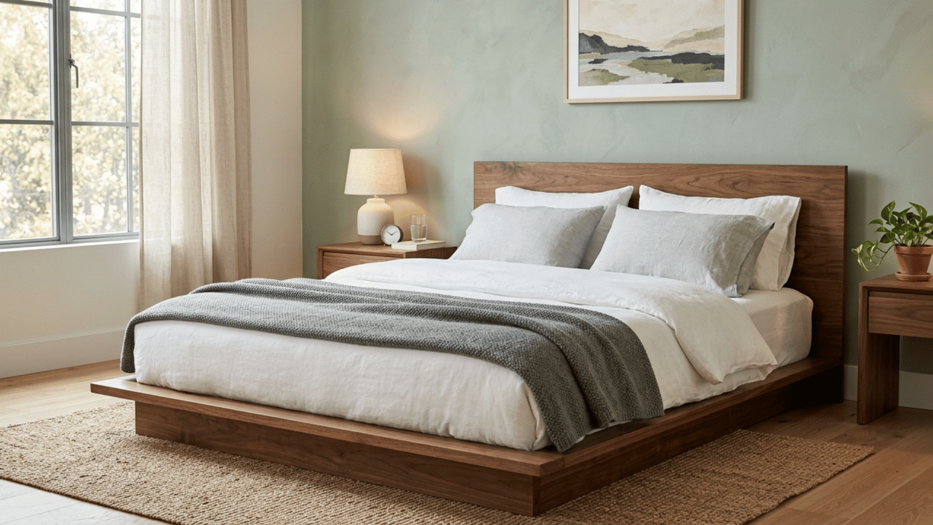 low-profile wooden platform bed with headboard in a cozy bedroom with soft lighting and neutral tones.