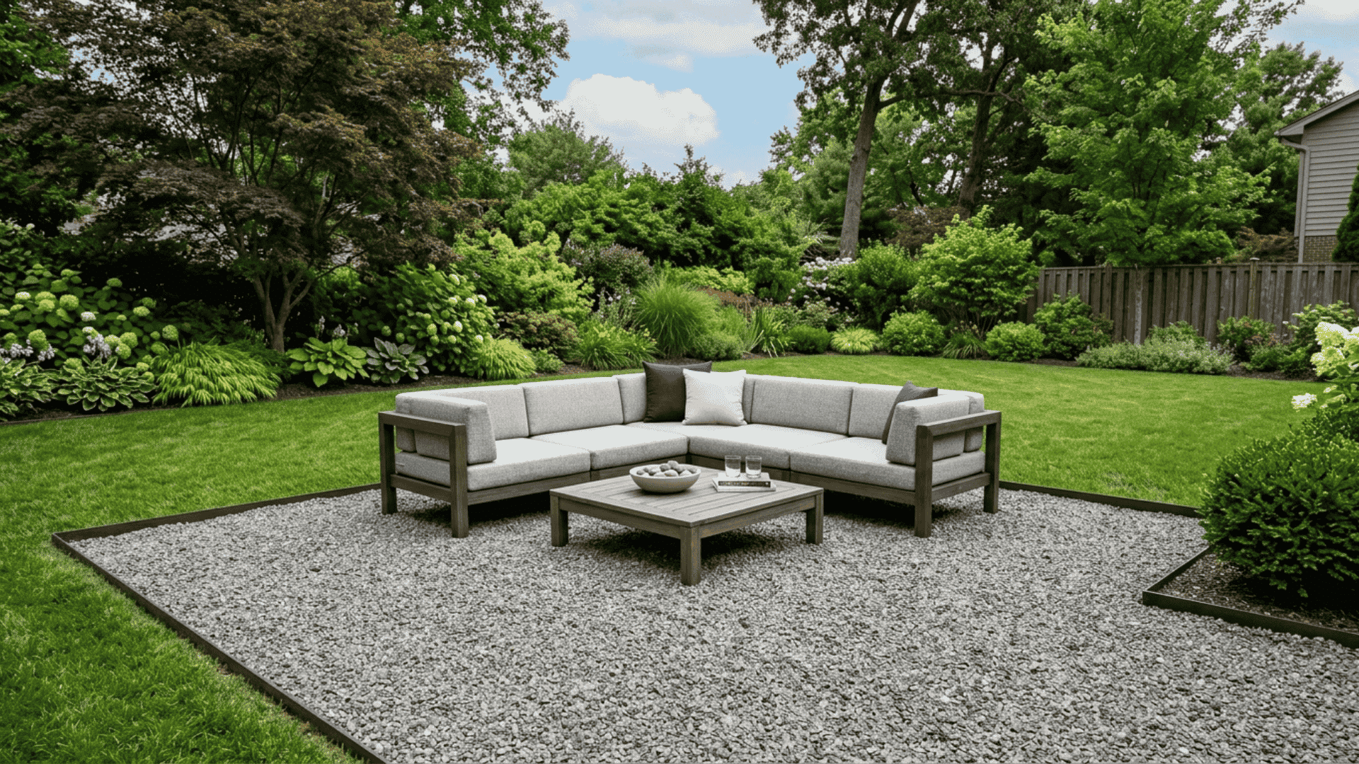 low seating lounge on gravel surface with low profile outdoor furniture placed on smooth pea gravel base