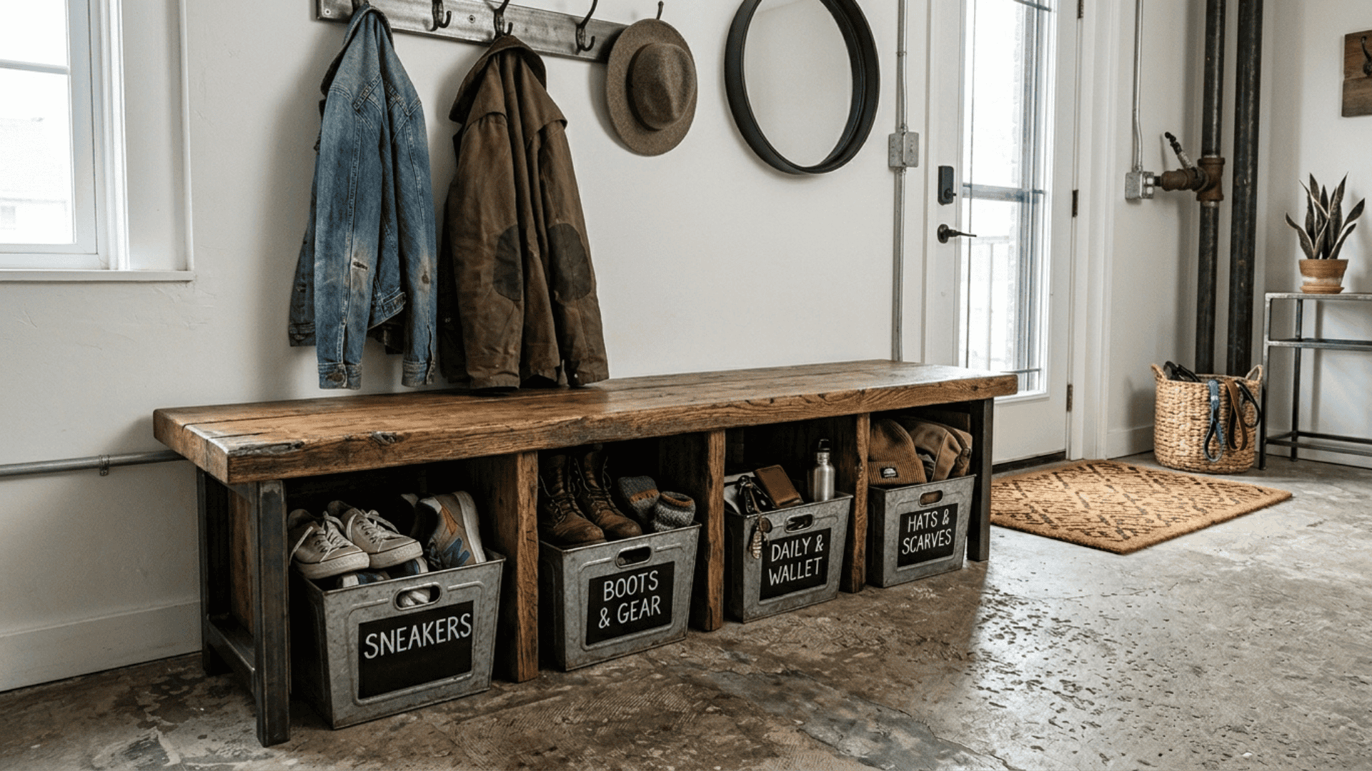 low wooden bench with four open compartments each holding a labeled square metal bin filled with shoes and daily carry items