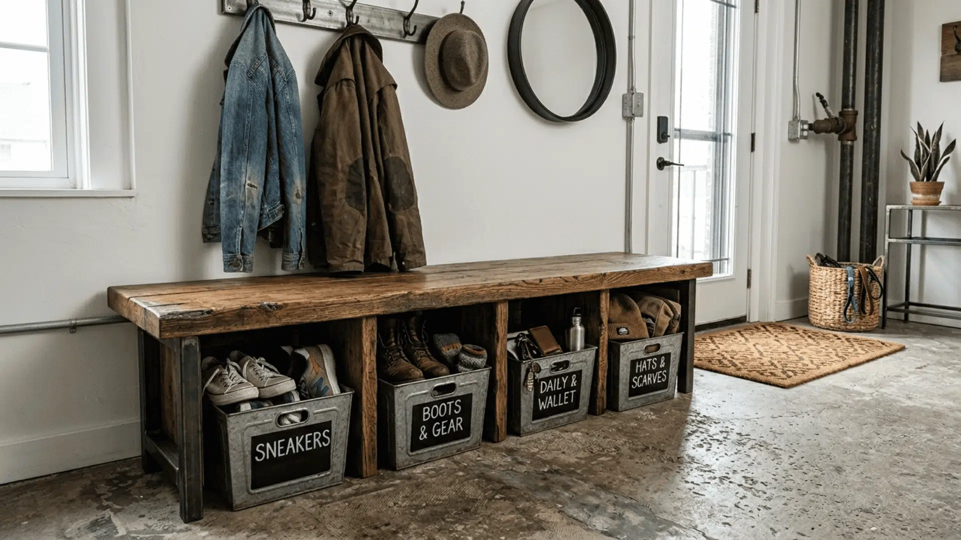 low wooden bench with four open compartments each holding a labeled square metal bin filled with shoes and daily carry items
