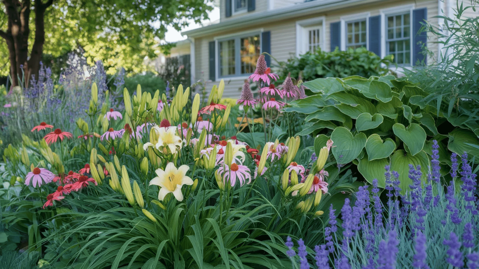 lush garden bed with lilies hostas and pink coneflowers in front of a house surrounded by greenery and shade trees