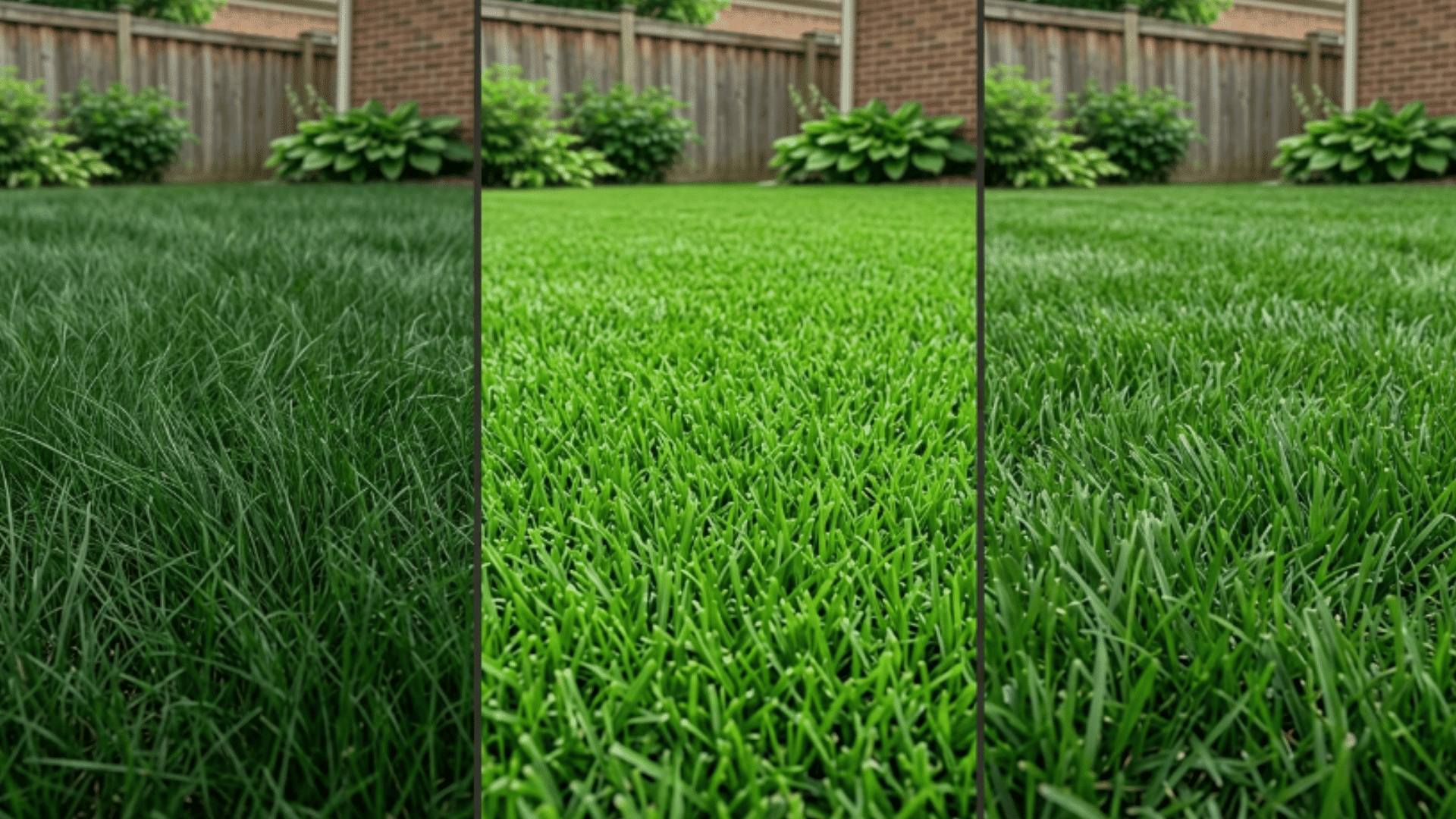 lush green lawn showing three different grass types with varied texture and density in a backyard setting