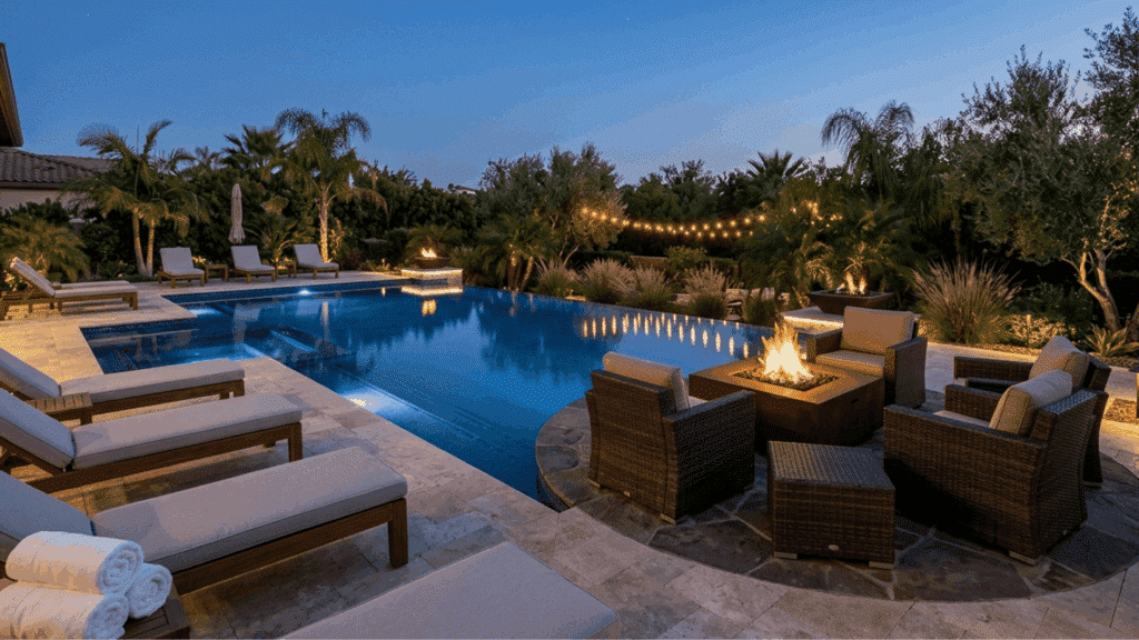 luxury backyard pool fire pit seating outdoor living resort style landscaping modern patio design